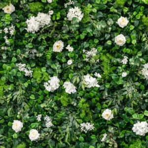 Beautiful floral wall with white roses and greenery in Billings, Montana.