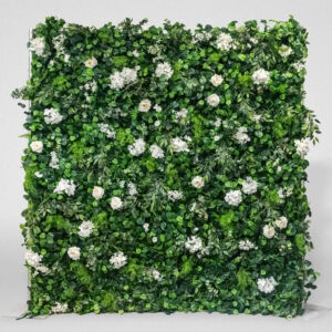 Beautiful green and white floral wall display in a meadow-inspired design.